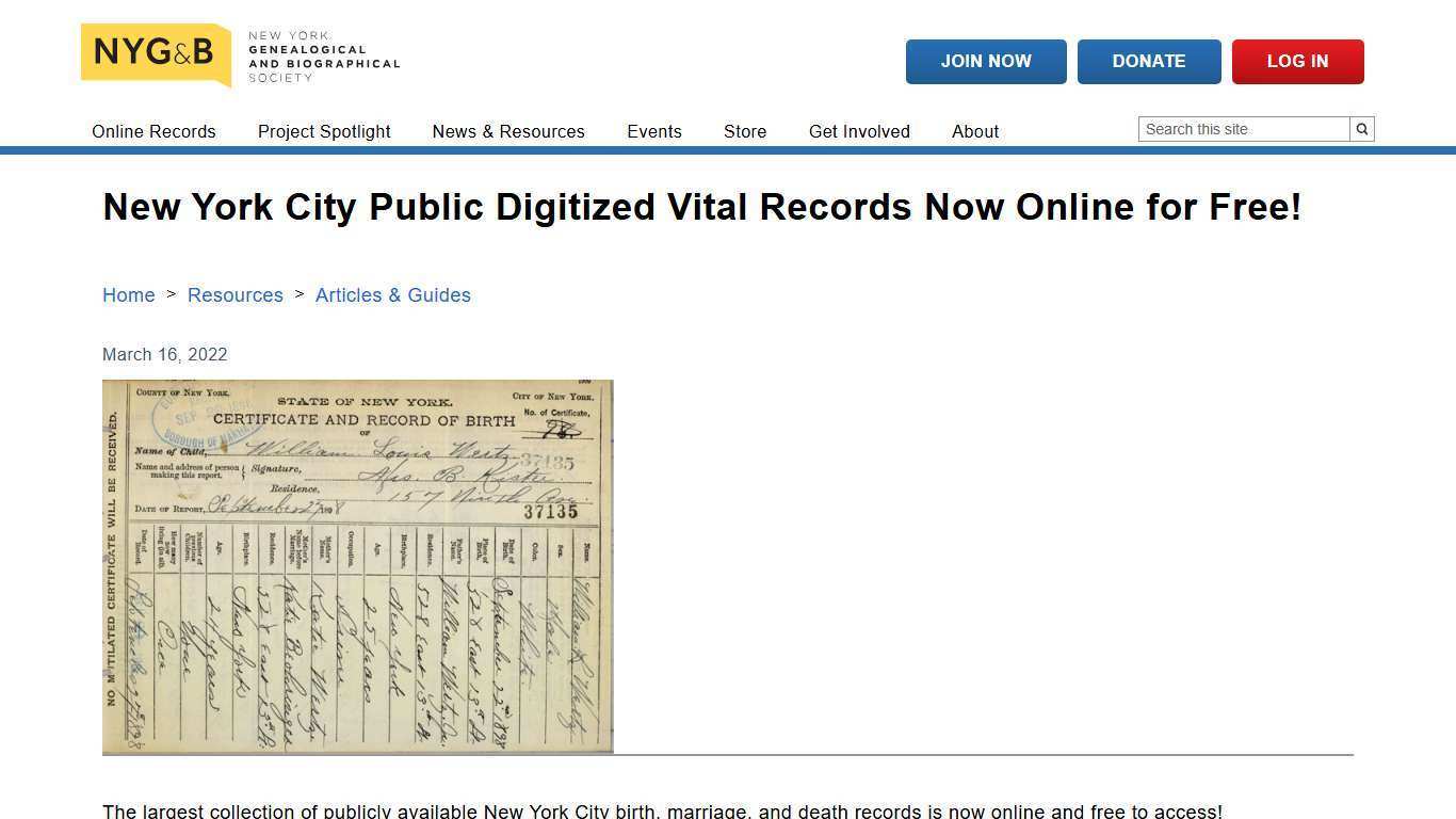 New York City Public Digitized Vital Records Now Online for Free! | New York Genealogical & Biographical Society